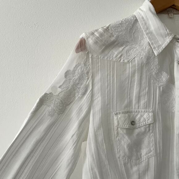 Y2K Guess White Mesh Embroidery Snap Button Women's Shirt Size L - Picture 4 of 16